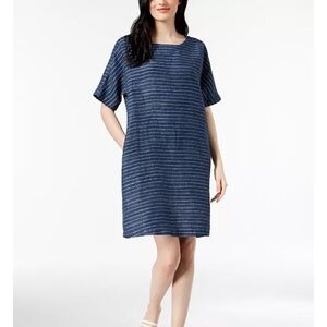 Eileen Fisher organic linen dress blue and white pinstripe